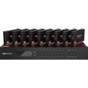 Rack-mounted audio equipment with multiple components.