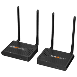Two black wireless routers with antennas.