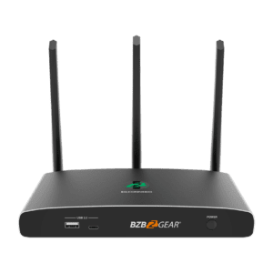 Black wireless router with three antennas.