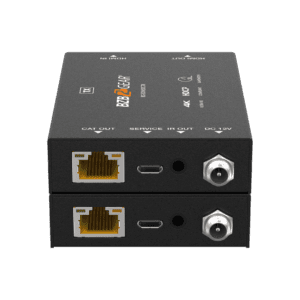 Black network device with various connection ports.