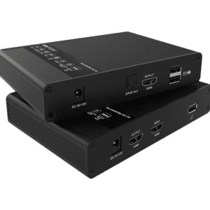 Stacked black electronic devices with various ports.