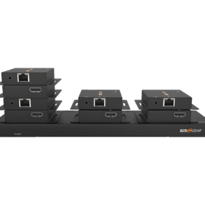 Stacked black electronic devices, HDMI and Ethernet ports.