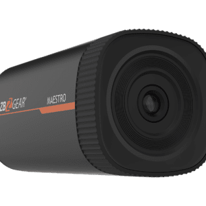 Black cylindrical camera on black background.