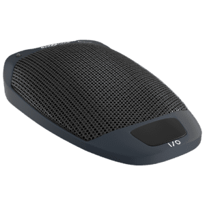 Black desktop microphone on black background.