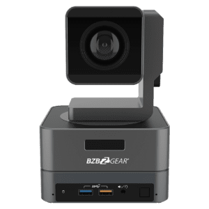 Video conferencing camera on black background.