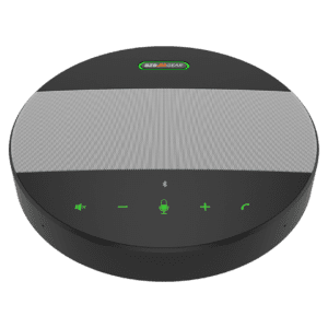 Black Bluetooth speakerphone with control buttons.