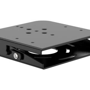 Black metal swivel plate with holes.