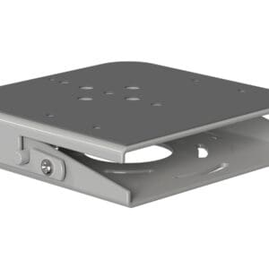 Gray metal mounting bracket, side view.