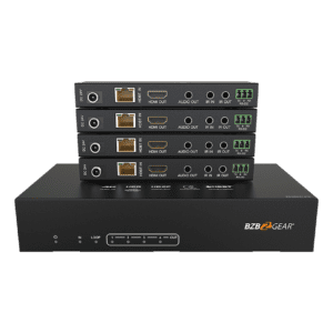 Stacked audio-visual equipment with control panel.