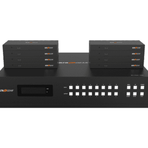 Video equipment rack with multiple switches.