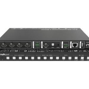 Black video switcher with multiple input ports.