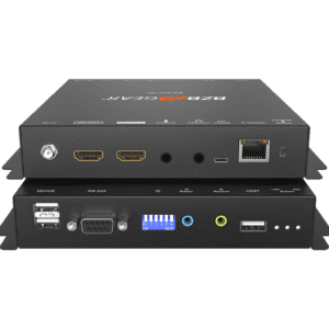 Audio-visual equipment with various input ports.