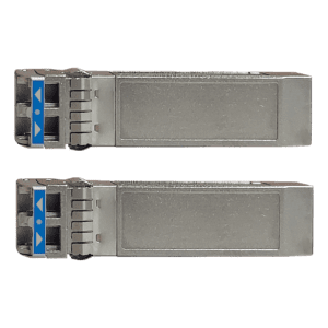 Two silver SFP modules on black background.