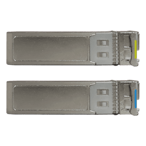 Two silver SFP transceivers on black background.