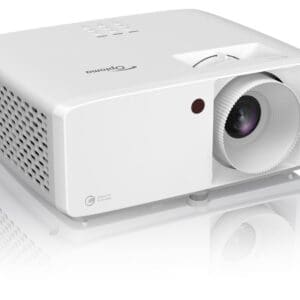 White multimedia projector with lens and vents.