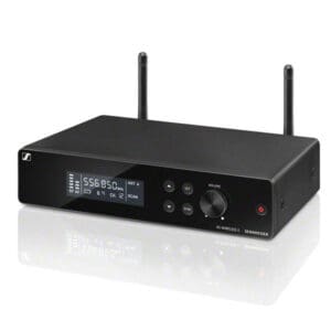 Black wireless audio receiver with digital display.
