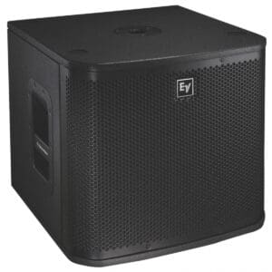Black square speaker with mesh front panel.