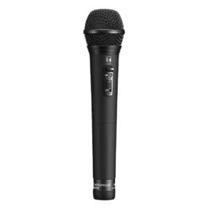 Black handheld microphone with switch.