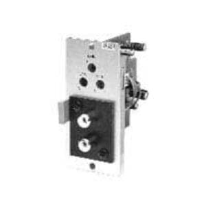 Metal bracket with screws and holes.