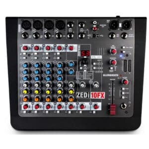 Audio mixer with various controls and dials.