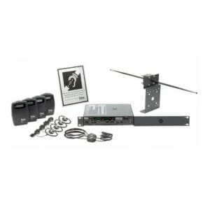 Assistive listening system with components on display.