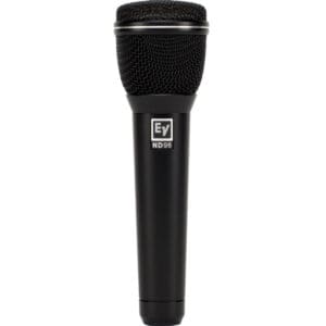 Black handheld microphone with mesh grille.