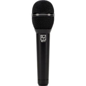 Black handheld microphone with label ND76.