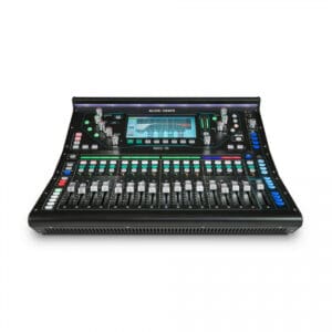 Digital audio mixer with multiple controls and faders.