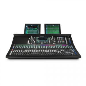 Audio mixing console with dual screens.