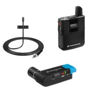 Wireless microphone system with transmitter and receiver.