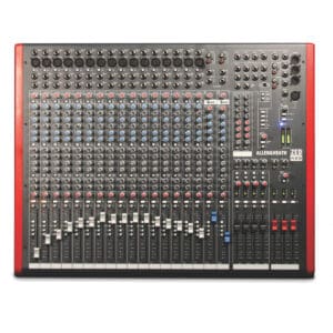 Audio mixing console with multiple controls.