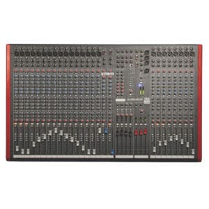 Audio mixing console with numerous knobs.