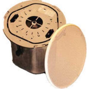 Swimming pool skimmer with circular lid.