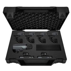 Microphone set in black foam-lined case.