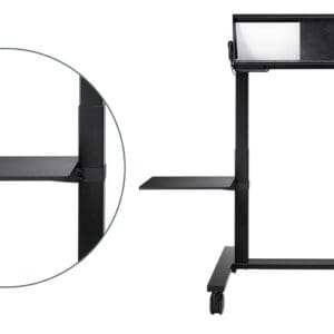 Adjustable black standing desk with side shelf.