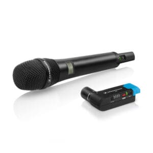Wireless microphone and receiver on white background.