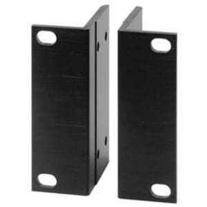 Black metal brackets with holes, standing upright.