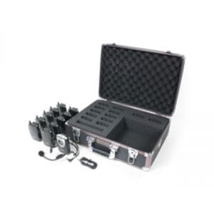 Walkie-talkie set with carrying case and accessories.