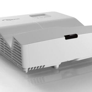 White Optoma projector on reflective surface.