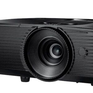 Black multimedia projector with central lens.