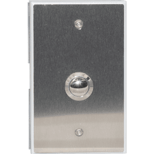 Metal wall button with stainless steel finish.