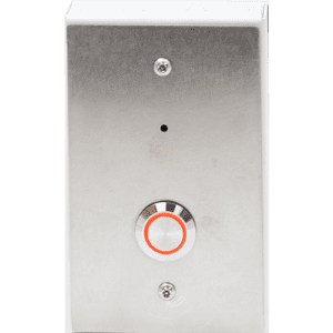 Metal doorbell with red ring button.