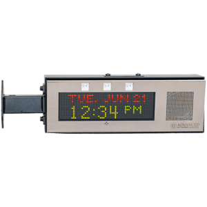 Digital wall clock displaying time and date.