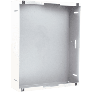 Metal electrical enclosure with open front.
