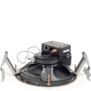 Ceiling speaker with mounting hardware and wiring.