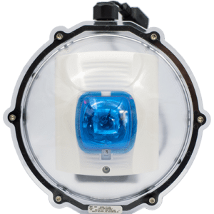 Round blue emergency alarm with transparent cover.