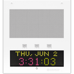 Digital wall clock displaying date and time.