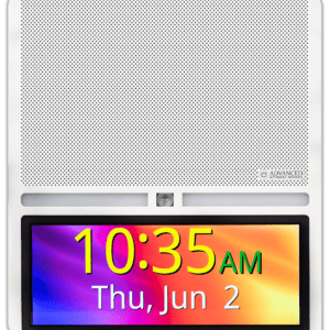 Digital wall clock displaying time and date.
