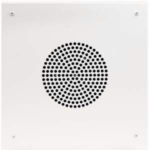 White speaker grille with circular perforations.