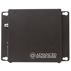 Black network device with company logo.